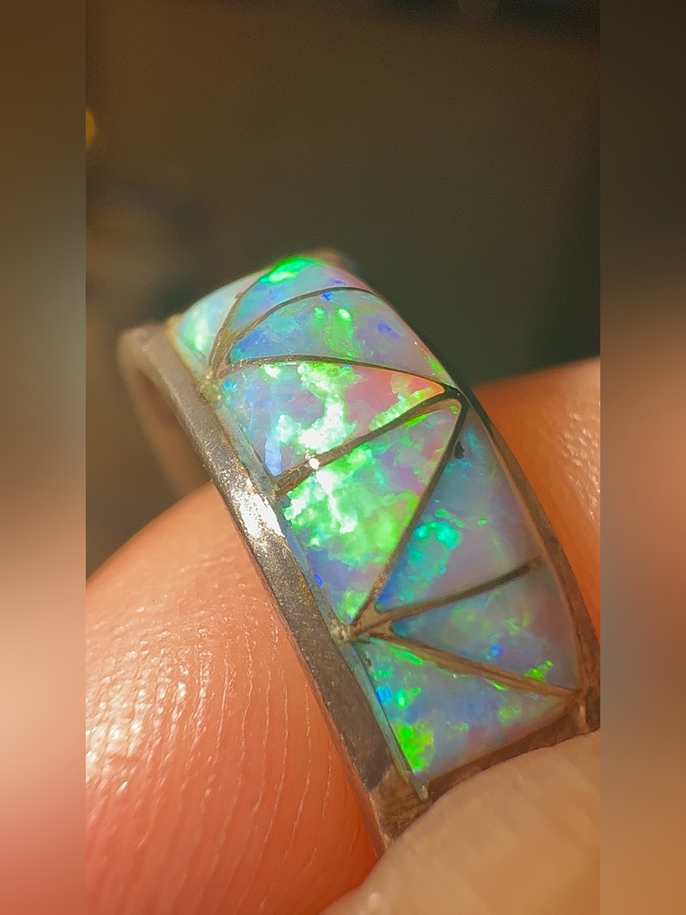Vintage Silver Opal Inlay Women's Band - Green Blue Opal Size 6